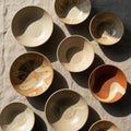 Each bowl features unique glaze patterns, with swirling and abstract designs Royalty Free Stock Photo