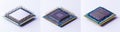 Each CPU microprocessor chip has its own design and color scheme. Set of Three Microprocessor Chips with Different Royalty Free Stock Photo