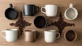 Each cup is empty except for one black cup containing coffee beans Royalty Free Stock Photo
