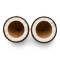 Each half showcases the brown fibrous outer shell and the smooth white inner Royalty Free Stock Photo