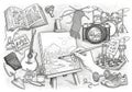 Each item is intricately drawn, emphasizing diverse creative pursuits Royalty Free Stock Photo