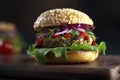 A colorful veggie burger made with a hearty patty of vegetables.Â 