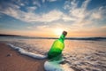 Sea sunrise and beer bottle on the beach sand and splashing waves on the shor?.