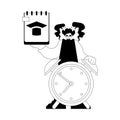 Eager lady with scratch pad and caution clock. Learning subject. Dim and white line craftsmanship. Trendy style, Vector