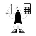 Eager woman with calculator and ruler. Learning point. Dim and white line craftsmanship. Trendy style, Vector Illustration