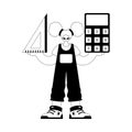 Eager woman with calculator and ruler. Learning point. Dim and white line craftsmanship. Trendy style, Vector Illustration