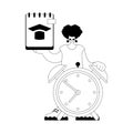 Eager woman with scratch cushion and caution clock. Learning subject. Dim and white line craftsmanship. Trendy style, Vector