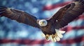 Eagle With American Flag Flies In Freedom. AI Generative Royalty Free Stock Photo