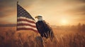Eagle With American Flag Flies In Freedom At Sunset, generative ai Royalty Free Stock Photo