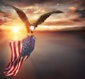 Eagle With American Flag Flies In Freedom At Sunset