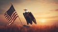 Eagle With American Flag Flies In Freedom At Sunset - Vintage Toned, generative ai Royalty Free Stock Photo