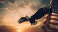 Eagle With American Flag Flies In Freedom At Sunset - Vintage Toned, generative ai Royalty Free Stock Photo