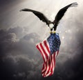 Eagle With American Flag Flies In The Sky With Blurred Bokeh And Sunlight Effect