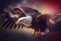 Eagle With American Flag Flies In The Sky With Blurred Bokeh And Sunlight Effect - Independence Day . Generate Ai. Royalty Free Stock Photo