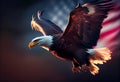 Eagle With American Flag Flies In The Sky With Blurred Bokeh And Sunlight Effect - Independence Day . Generate Ai. Royalty Free Stock Photo