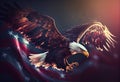 Eagle With American Flag Flies In The Sky With Blurred Bokeh And Sunlight Effect - Independence Day . Generate Ai. Royalty Free Stock Photo