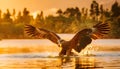 the eagle attacking fish in the lake at sunset Royalty Free Stock Photo