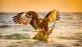 the eagle attacking fish in the lake at sunset Royalty Free Stock Photo