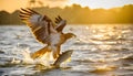 the eagle attacking fish in the lake at sunset Royalty Free Stock Photo