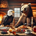 An eagle and a bear are having dinner and discussing world problems. Fantasies Generative AI. Conceptual illustration Royalty Free Stock Photo