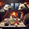 An eagle and bear are having dinner and discussing world problems. Fantasies Generative AI. Conceptual illustration Royalty Free Stock Photo