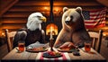 Eagle and a bear are having dinner and discussing world problems. Fantasies Generative AI. Conceptual illustration Royalty Free Stock Photo