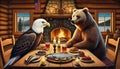 Eagle and bear are having dinner and discussing world problems. Fantasies Generative AI. Conceptual illustration Royalty Free Stock Photo