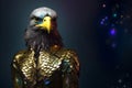 Eagle bird in disco neon glitter glam shiny glow sequin outfit, copy text space