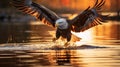 Eagle bird flying at nature lake on sunset sky background. Aninmal and freedom concept. Generative ai