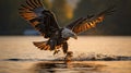 Eagle bird flying at nature lake on sunset sky background. Aninmal and freedom concept. Generative ai