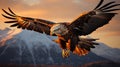 Eagle bird flying at nature lake on sunset sky background. Aninmal and freedom concept. Generative ai