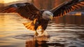 Eagle bird flying at nature lake on sunset sky background. Aninmal and freedom concept. Generative ai