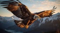 Eagle bird flying at nature lake on sunset sky background. Aninmal and freedom concept. Generative ai