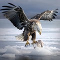 Eagle with catch fish in snowy snow in forest landing on Action wildlife winter scene from Euro