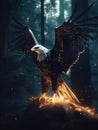 Eagle in a dark ominous forest, magic glow and shine, generative ai