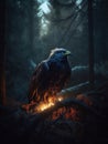 Eagle in a dark ominous forest, magic glow and shine, generative ai