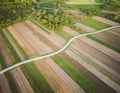 Aerial view of narrow dirt road in the middle of cultivated crop field on the edge of forest in rural landscape around Zagreb Royalty Free Stock Photo