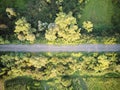 Eagle eye view of old railroad in the middle of the rural landscape on the outskirts of Zagreb city photographed with drone from