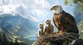 Eagle family in nest with two eaglets in mountainous landscape. ai generative Royalty Free Stock Photo