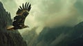 Eagle flying in the cloudy sky over the mountains. Royalty Free Stock Photo