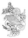 Eagle flying tattoo.Traditional Japanese eagle with Thai flower on cloud tattoo.