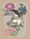 Eagle flying tattoo.Traditional Japanese eagle with Thai flower on cloud tattoo.