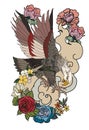 Eagle flying tattoo.Traditional Japanese eagle with Thai flower on cloud tattoo.