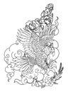 Eagle flying tattoo.Traditional Japanese eagle with Thai flower on cloud tattoo.