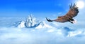 Eagle flying towards ice castle in snow mountains aerial view