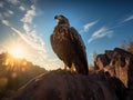 An eagle with golden feathers and blue eyes standing on a rock with the shadow of the eagle on the ground, generative ai Royalty Free Stock Photo