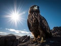 An eagle with golden feathers and blue eyes standing on a rock, with sunset background, generative ai Royalty Free Stock Photo