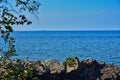 Eagle Harbor Michigan a Passing Freighter on Lake Superior Royalty Free Stock Photo