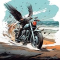 The eagle man rushes on a motorcycle along the sea coast.