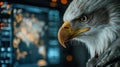 Eagle in military attire observes digital map in a command center on a technology-driven mission. Generative AI Royalty Free Stock Photo
